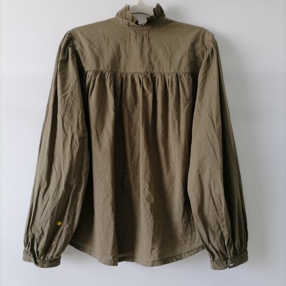 Xirena Womens Moss Green Balloon Sleeve Ruffle Gathere Poplin Blouse Size L - Picture 4 of 8